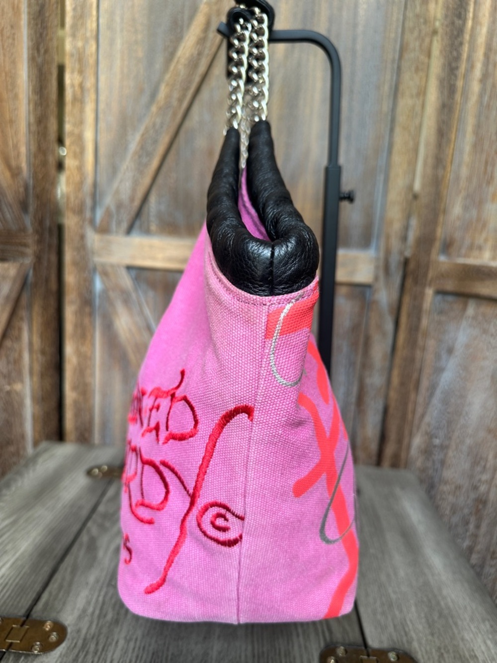 Ed Hardy Vintage Y2K World Citizen Pink Canvas Rhinestones Embroidered Purse - Picture 7 of 16